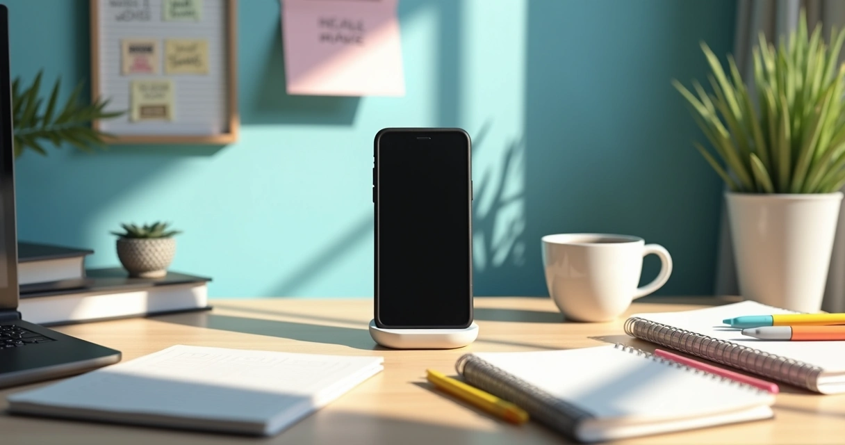 Mesa organizada com celular e materiais de estudo 