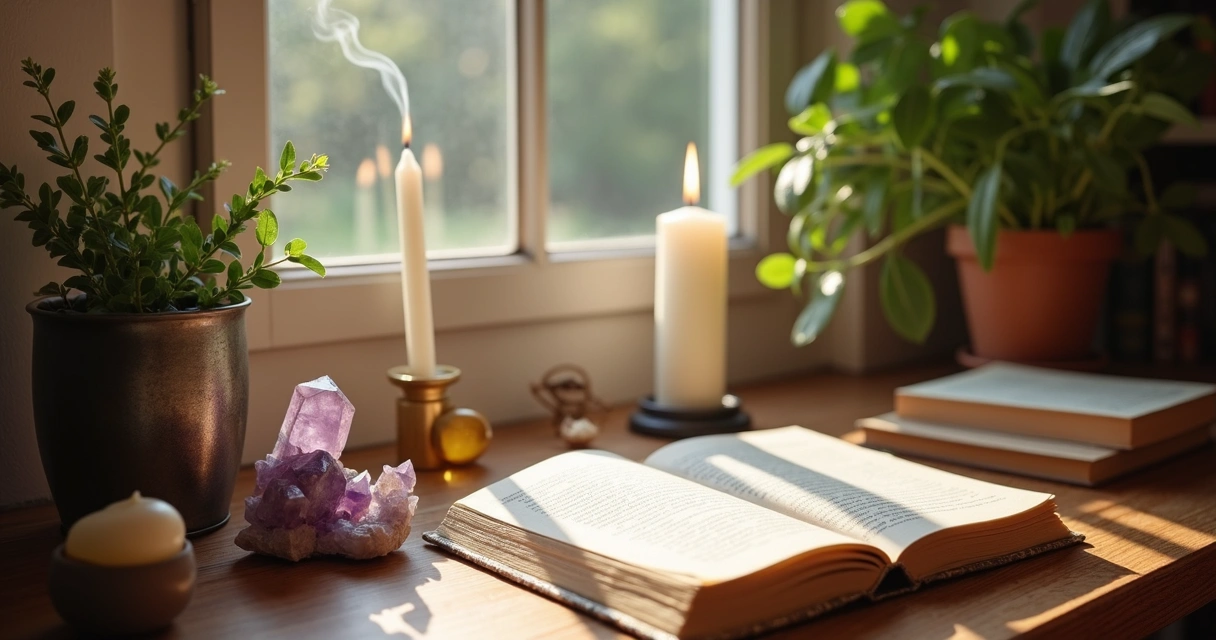 Mesa de estudos decorada com cristais, livros e uma vela acesa