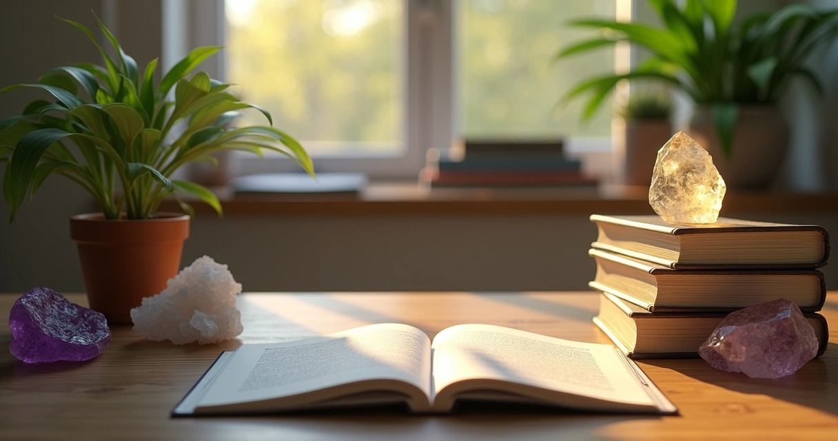 Mesa de estudo organizada com cristais e plantas 
