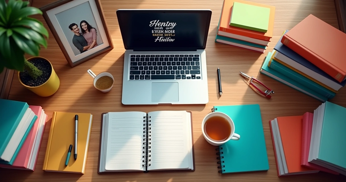Mesa de estudo organizada com livros e foto de família ao lado de caderno 