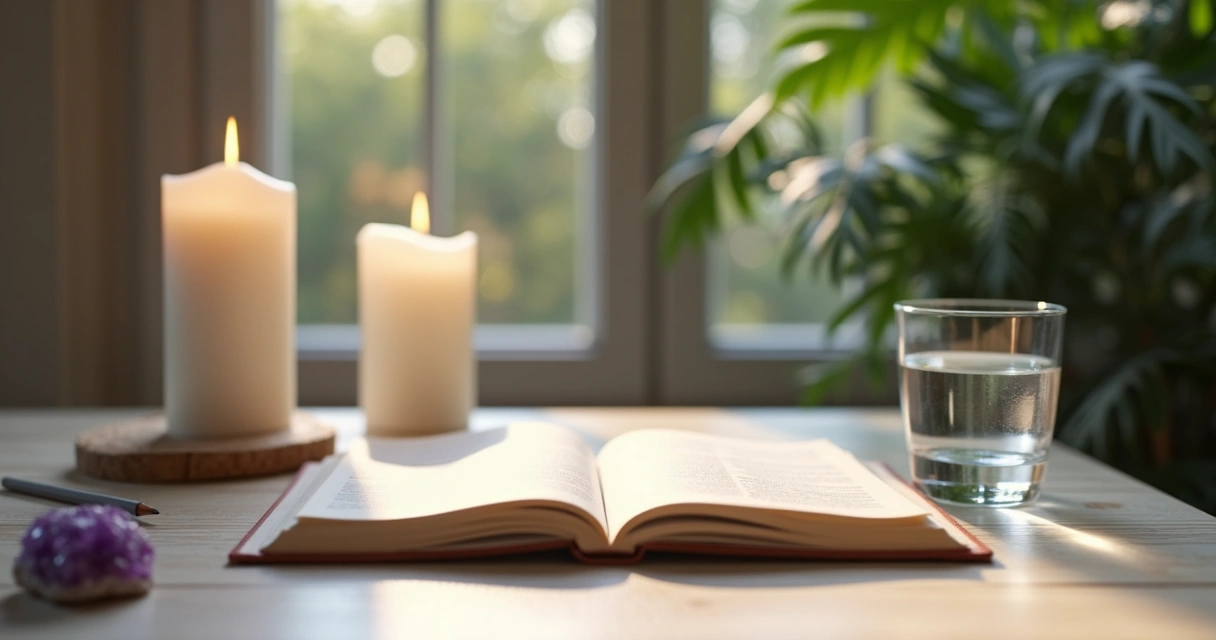 Mesa de estudo organizada com elementos de ancoragem e velas