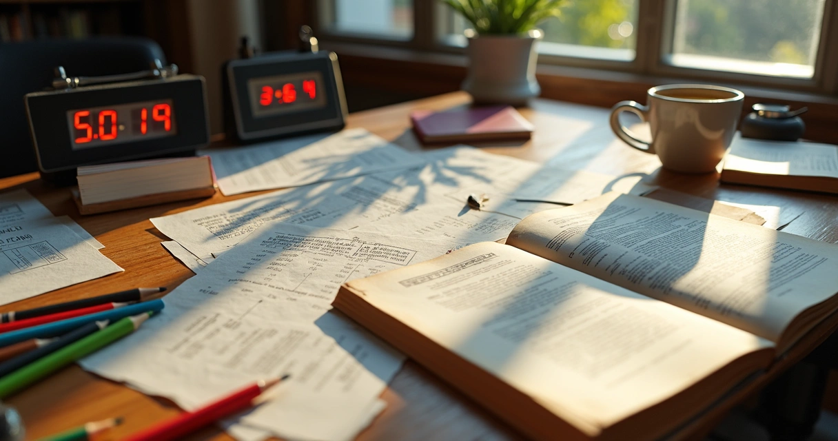 Mesa de estudo com provas antigas e cadernos universitários 