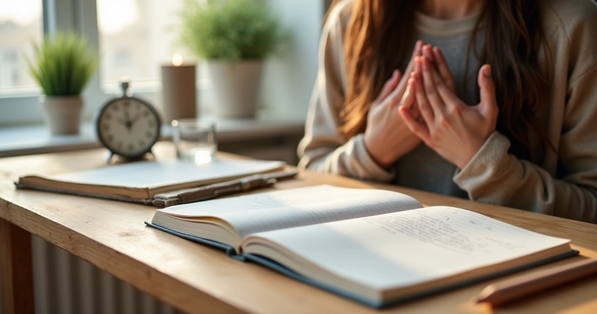 Mesa de estudos com caderno, vela apagada e mãos em pausa de respiração 