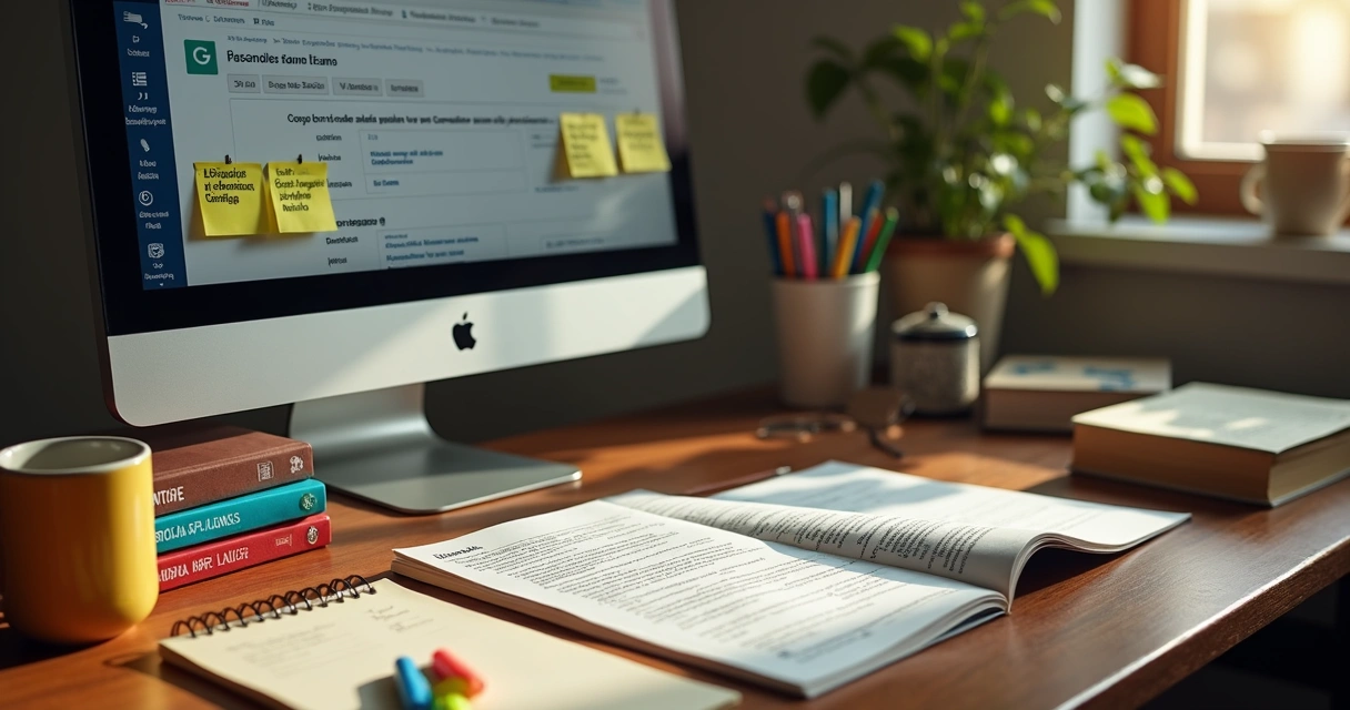 Mesa de estudos organizada com livros, computador e materiais de legislação