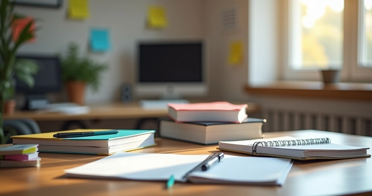 Mesa com livros, um computador e anotações em ambiente de estudos para concurso policial