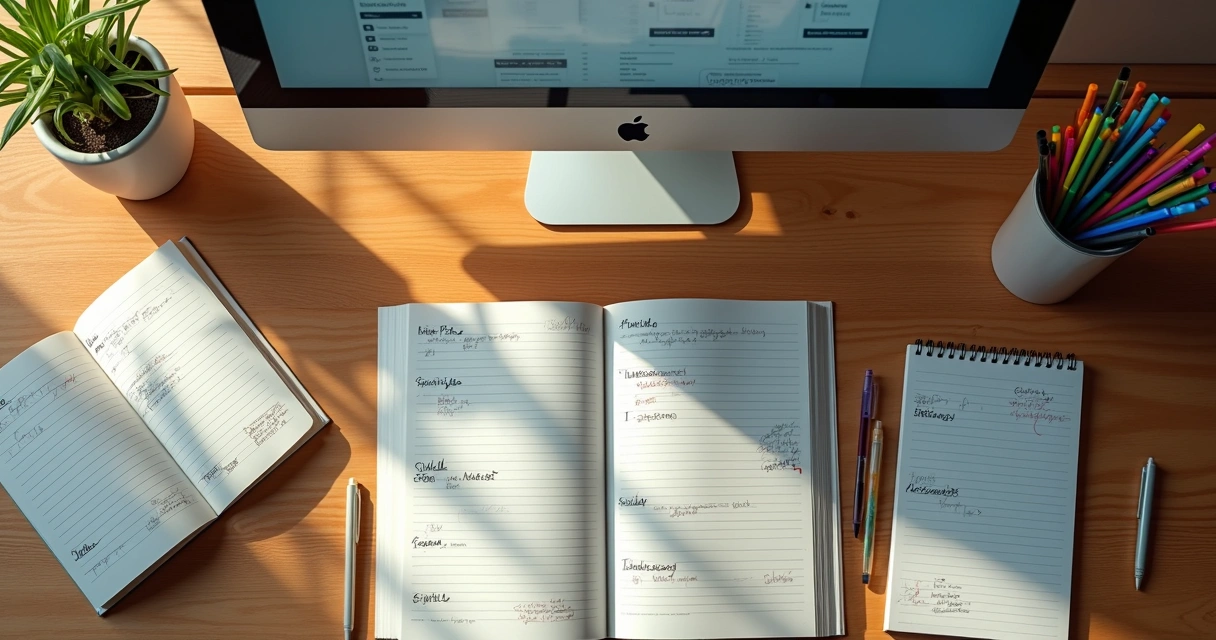 Mesa de estudos organizada com livros e computador 