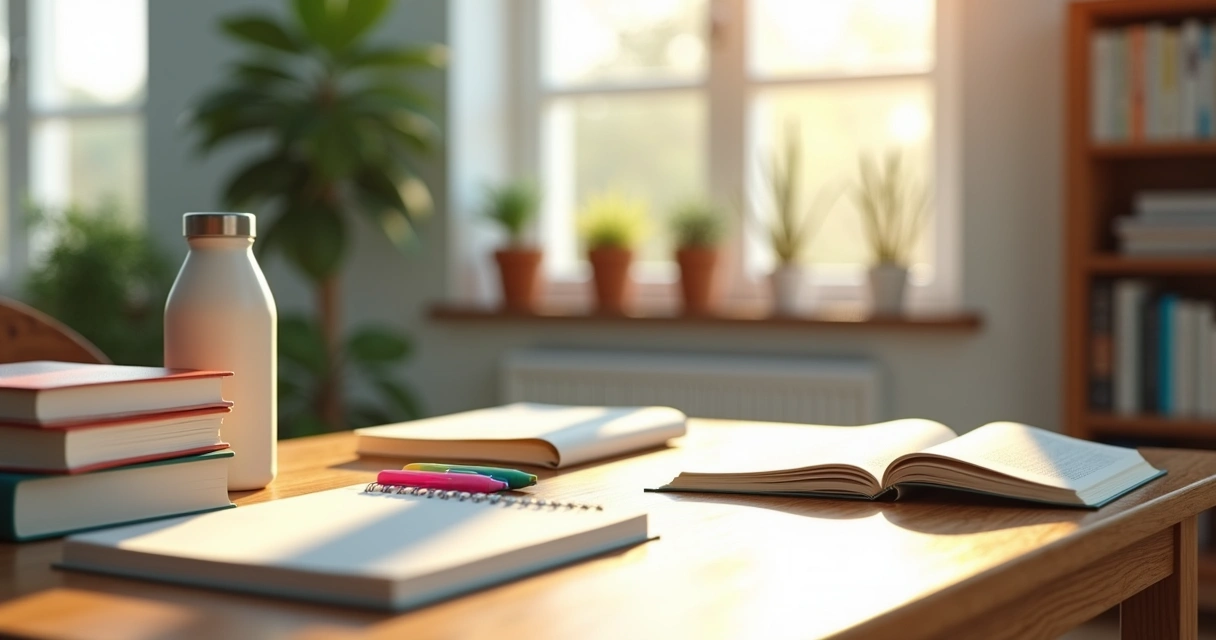 Mesa com materiais de estudo organizados e uma garrafa de água ao lado 