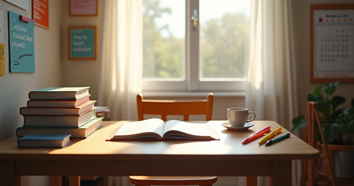 Mesa de estudos organizada, com livros, caderno, marca-texto e uma xícara de café ao lado. Luz suave.