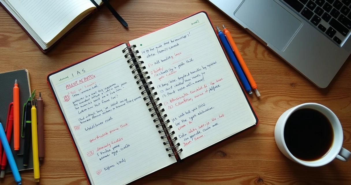 Mesa organizada com material de estudo, notebook e listas de questões 