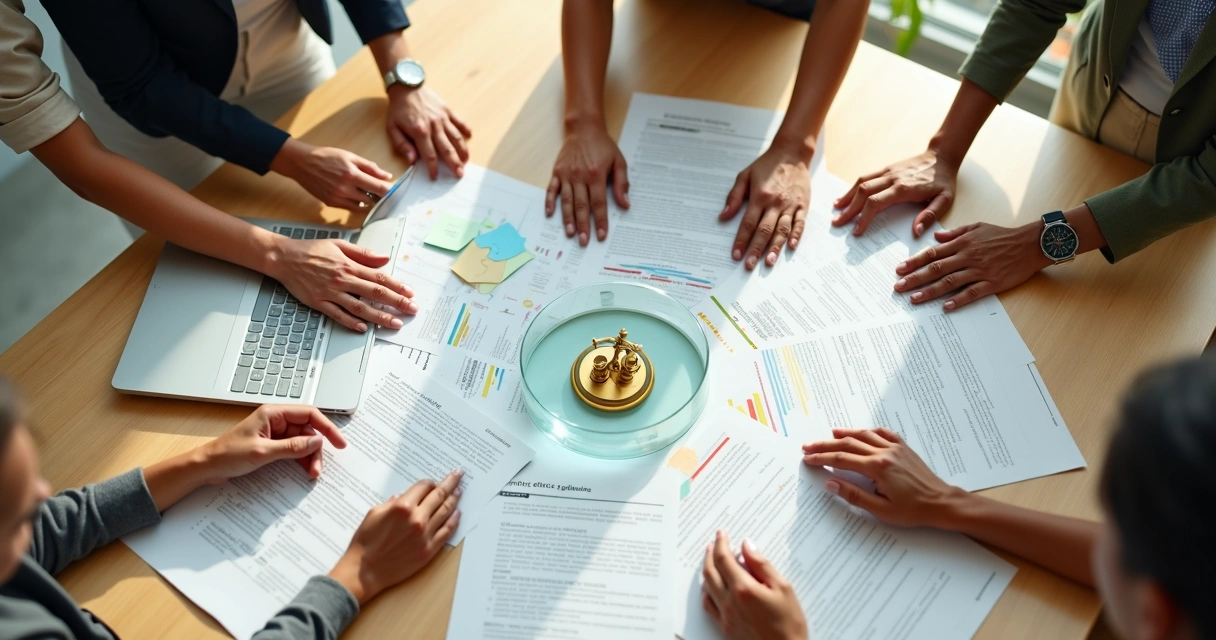 Mesa de trabalho vista de cima com símbolos de ética e conexão afetiva no RH 