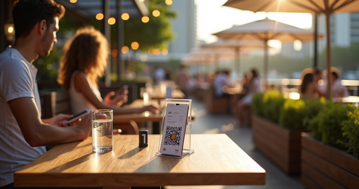 Clientes em área externa de restaurante usando QR code para autoatendimento na mesa 