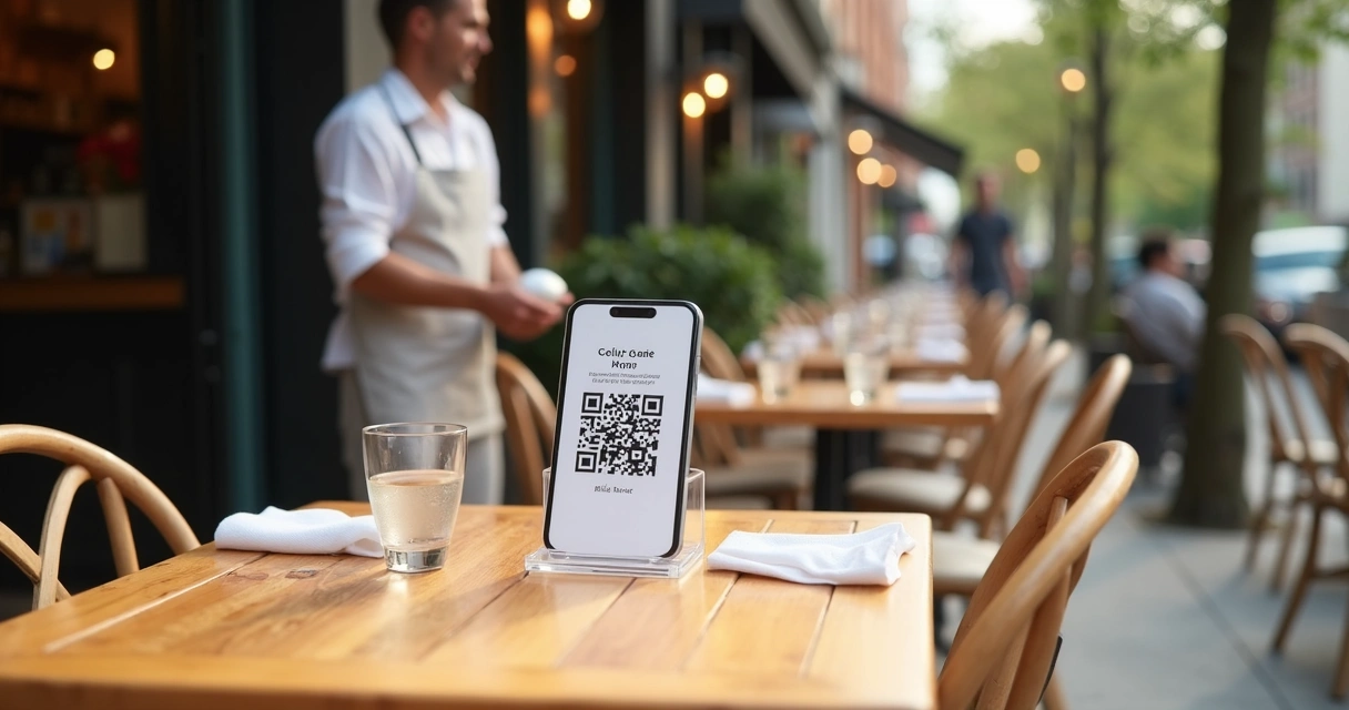 Mesa externa de restaurante com suporte de QR code visível 