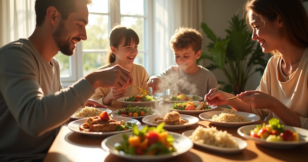Família reunida à mesa com alimentação infantil saudável 