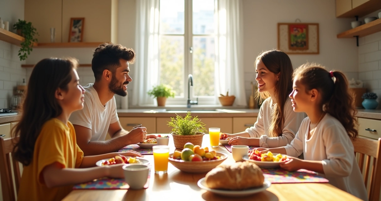 Família reunida à mesa tomando café da manhã saudável 