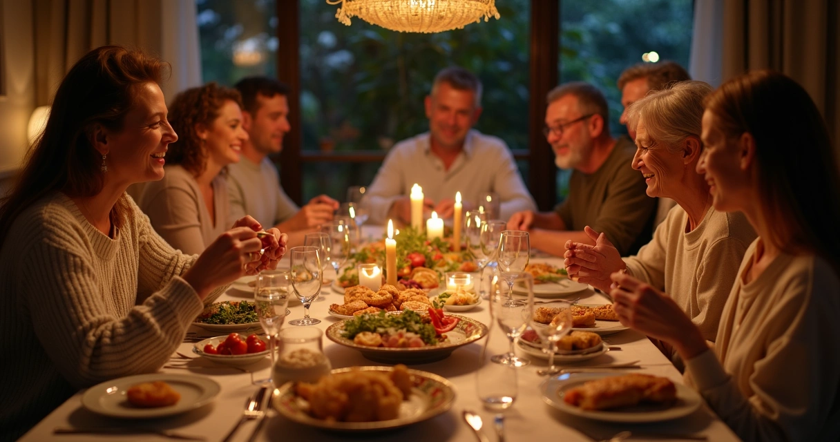 Familia reunida en la mesa para cenar, con platos y velas 
