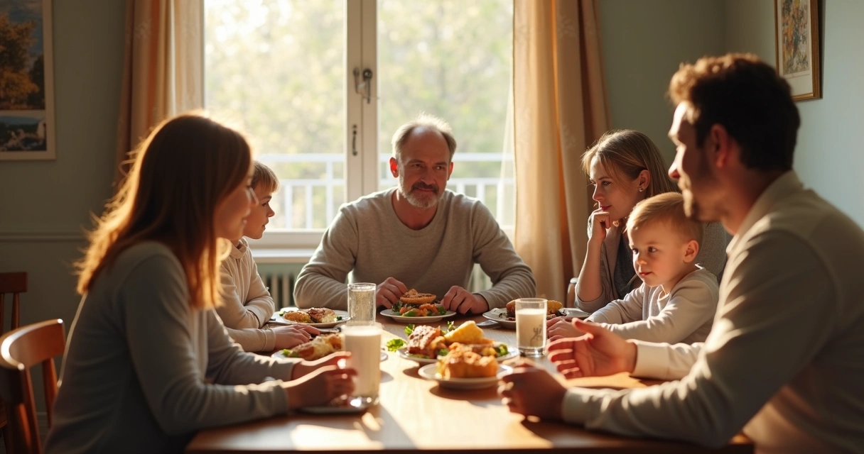 Familia reunida alrededor de una mesa durante una comida, reflexionando juntos 