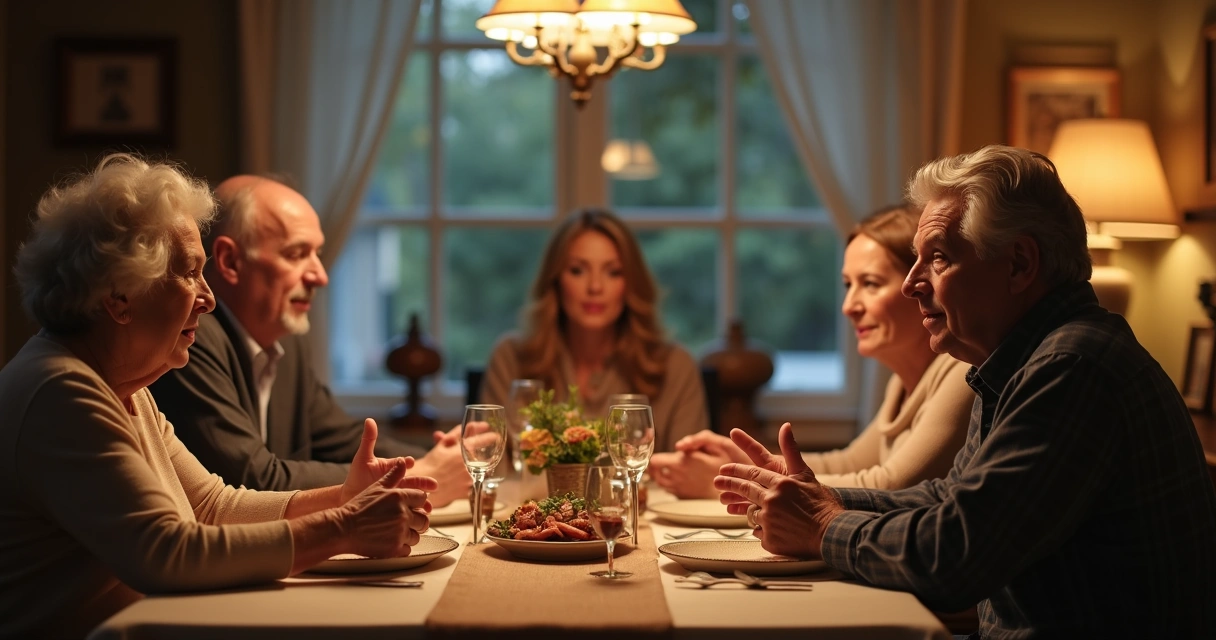 Família reunida à mesa em conversa respeitosa