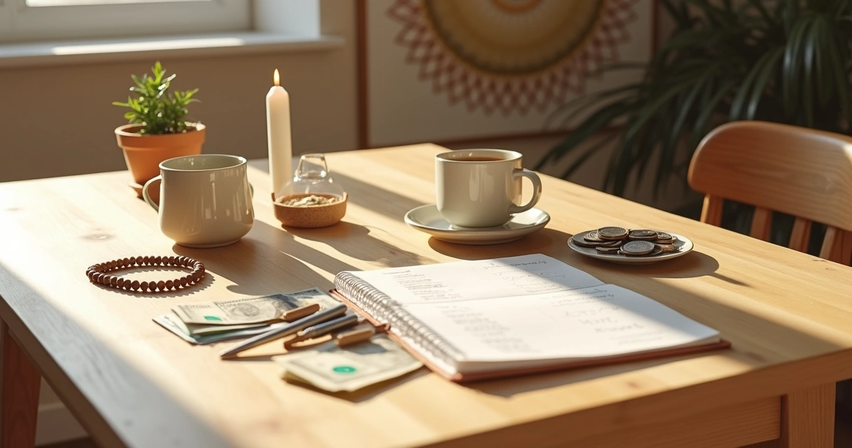 Quadro espiritual ao lado de itens de organização financeira sobre mesa de madeira 
