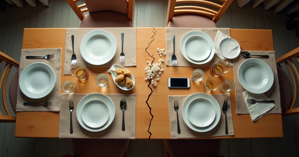 Mesa de família vista de cima com pratos alinhados de um lado e confusão do outro 