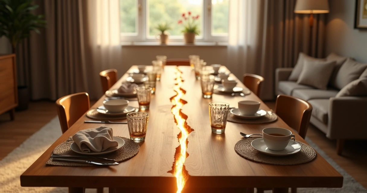 Mesa de família parcialmente rachada com luz suave unindo os lados separados 