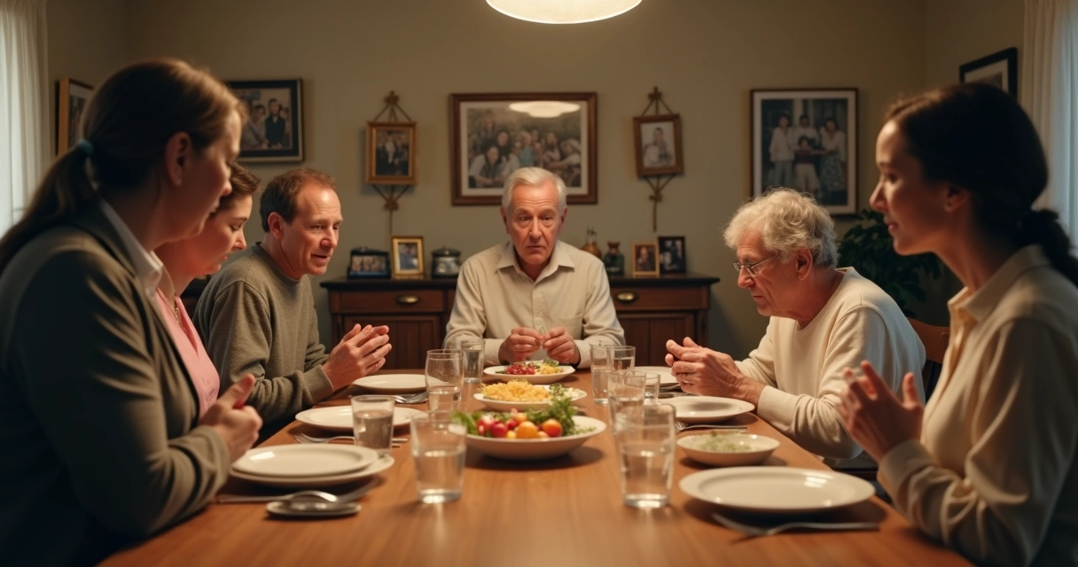 Mesa familiar con lugares marcados y gestos de autoridad 