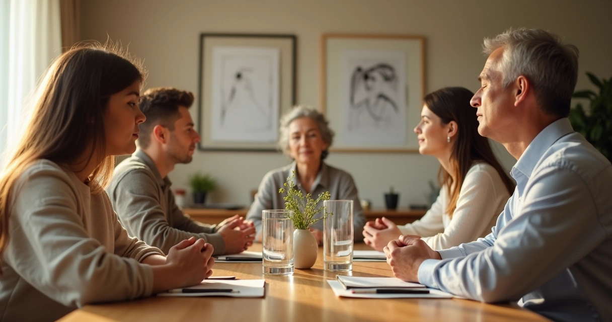 Familia sentada alrededor de una mesa haciendo una breve pausa de respiración conjunta 