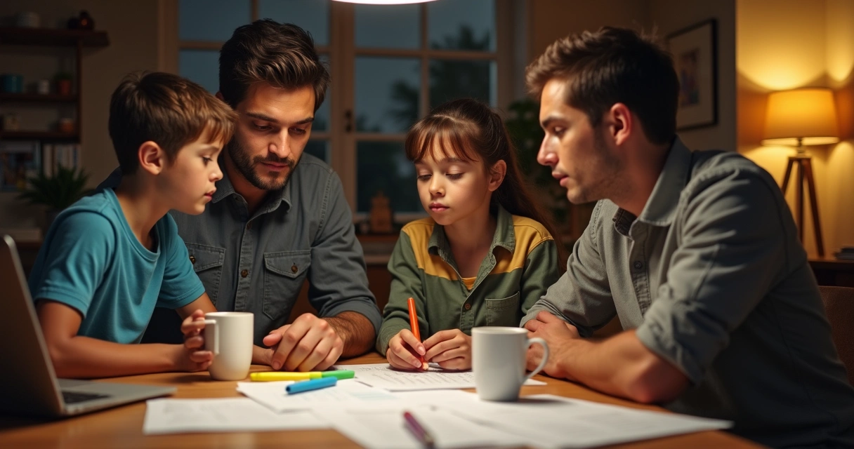 Família reunida à mesa organizando suas finanças com papéis e calculadora