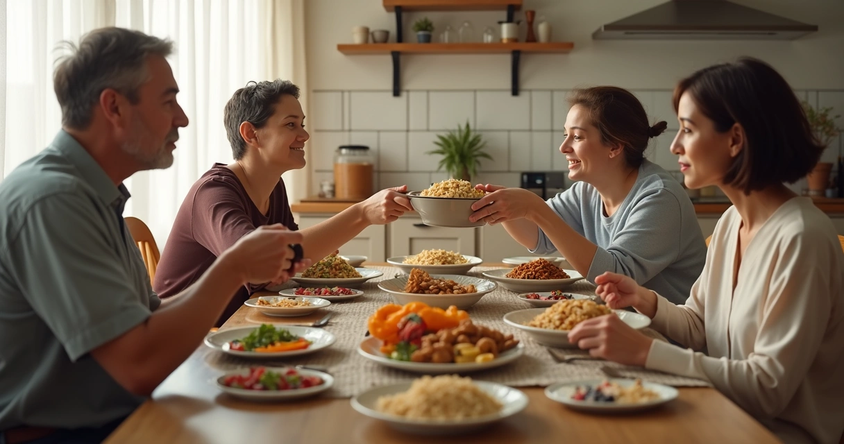 Família reunida à mesa com pratos variados e conversa durante a refeição