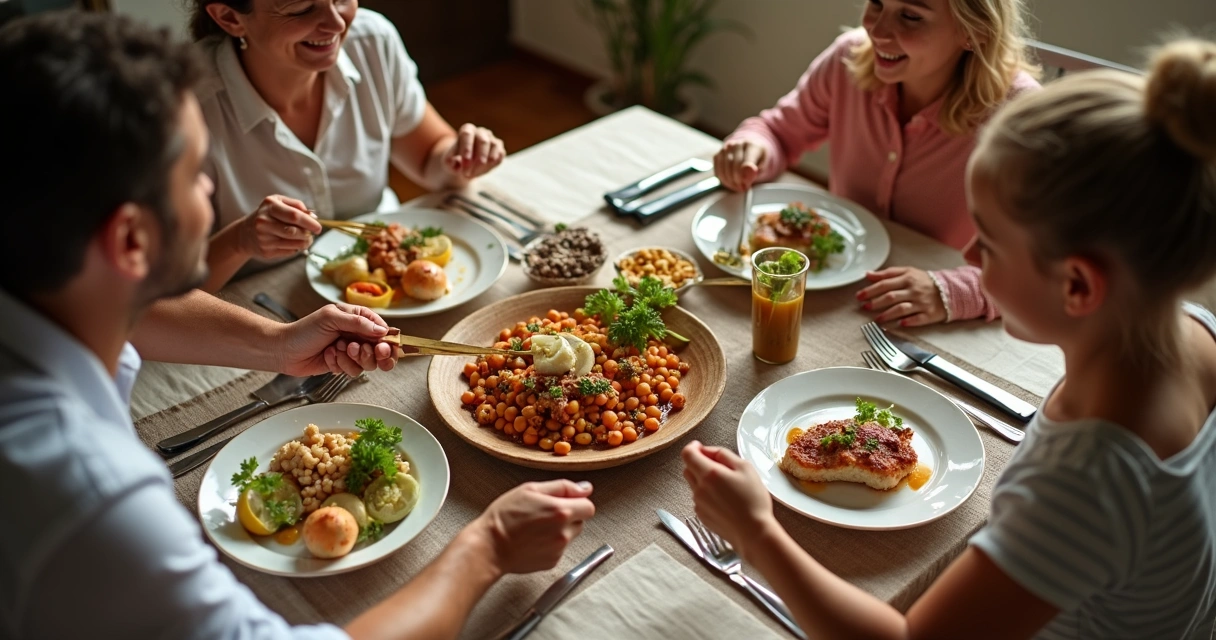 Família alegre reunida ao redor da mesa durante uma refeição 