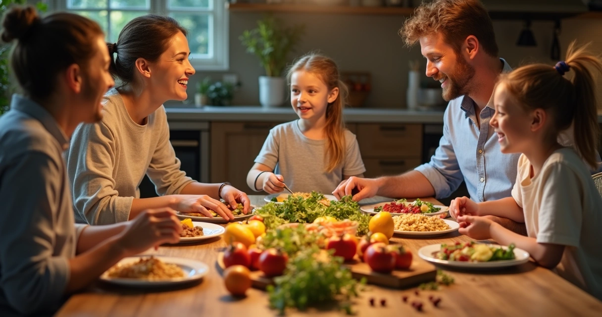 Família reunida ao redor da mesa com comidas saudáveis 