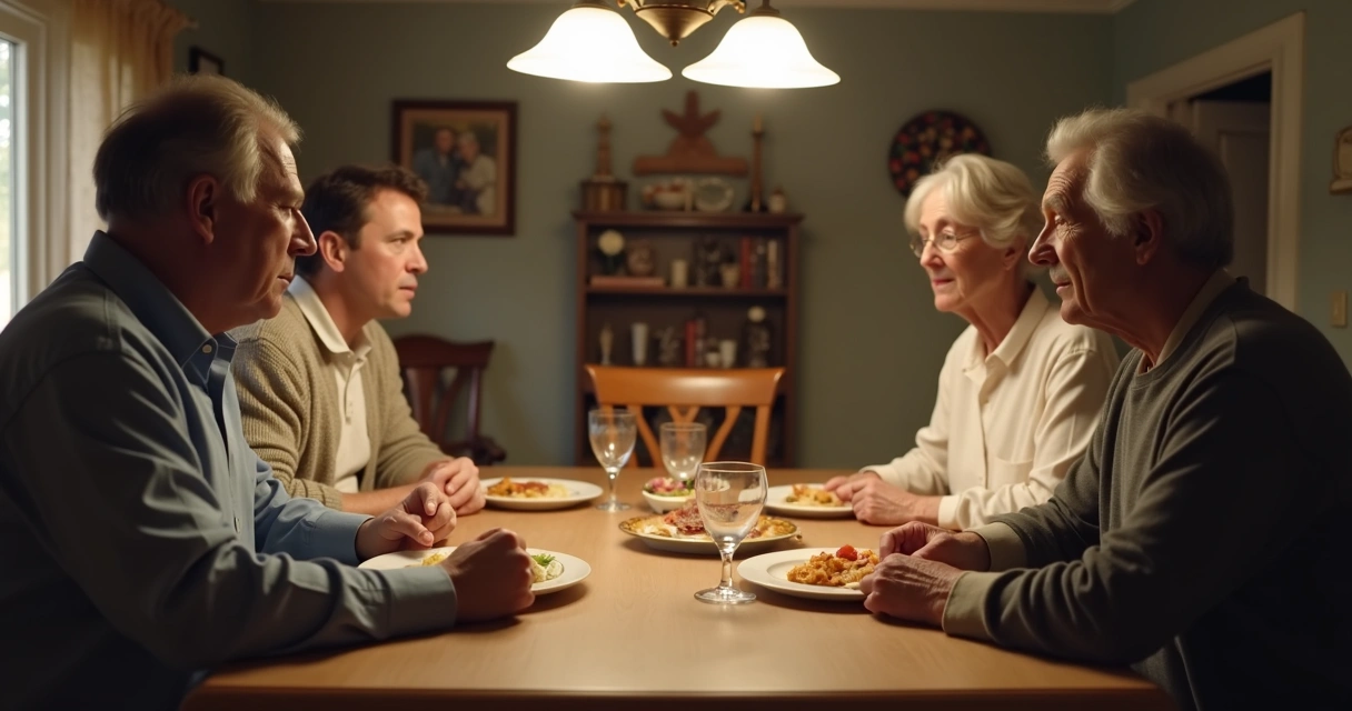 Familia sentada en una mesa con distancia emocional visible
