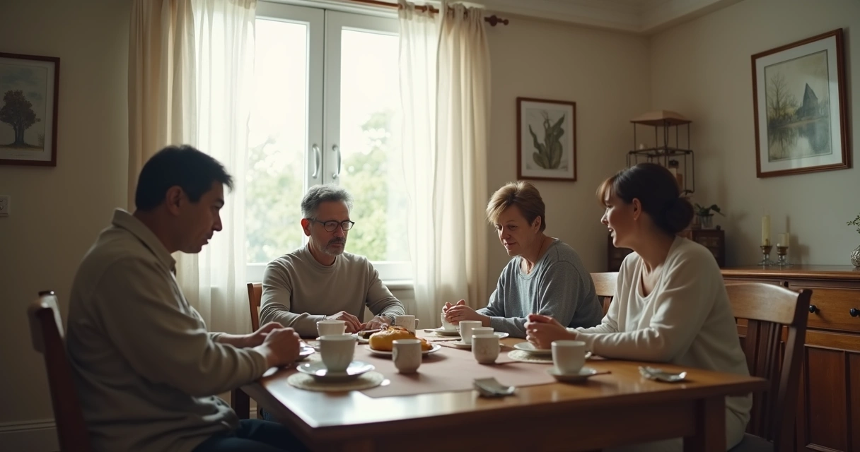 Familia sentada en silencio alrededor de una mesa 