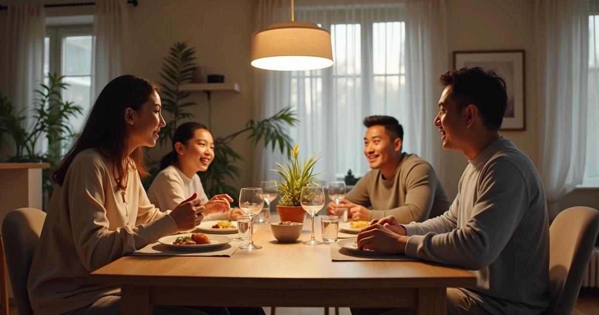 Família sentada em silêncio à mesa de jantar