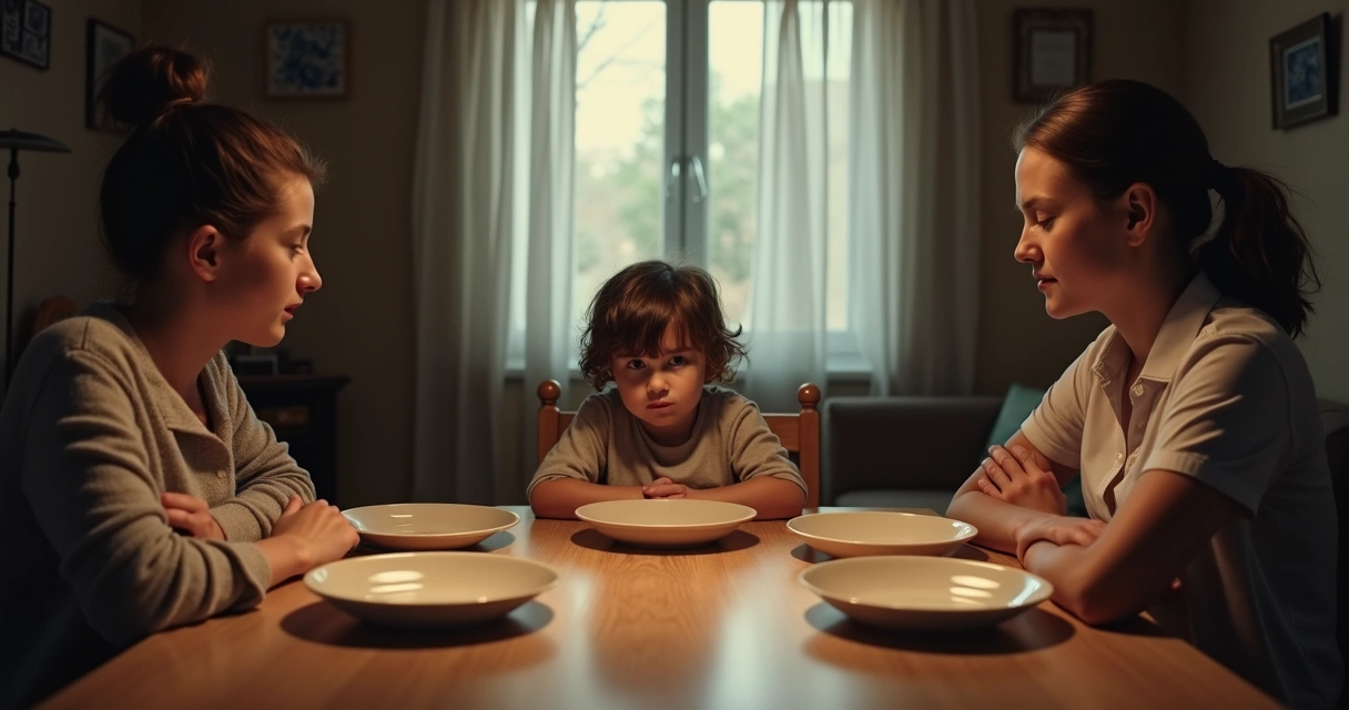 Familia sentada alrededor de una mesa con silencio notorio y gestos de incomodidad 