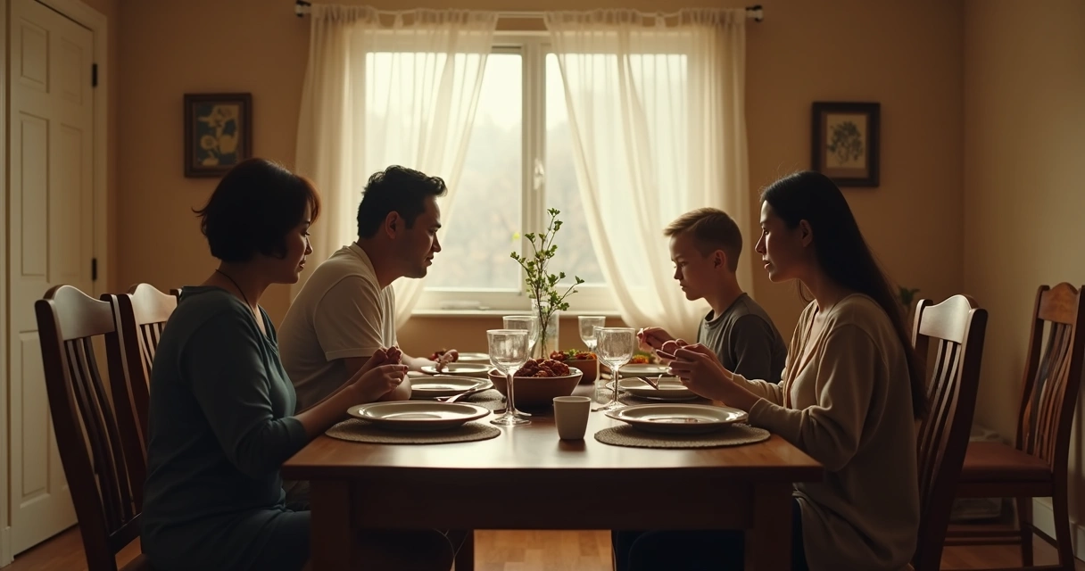 Família em silêncio à mesa de jantar 
