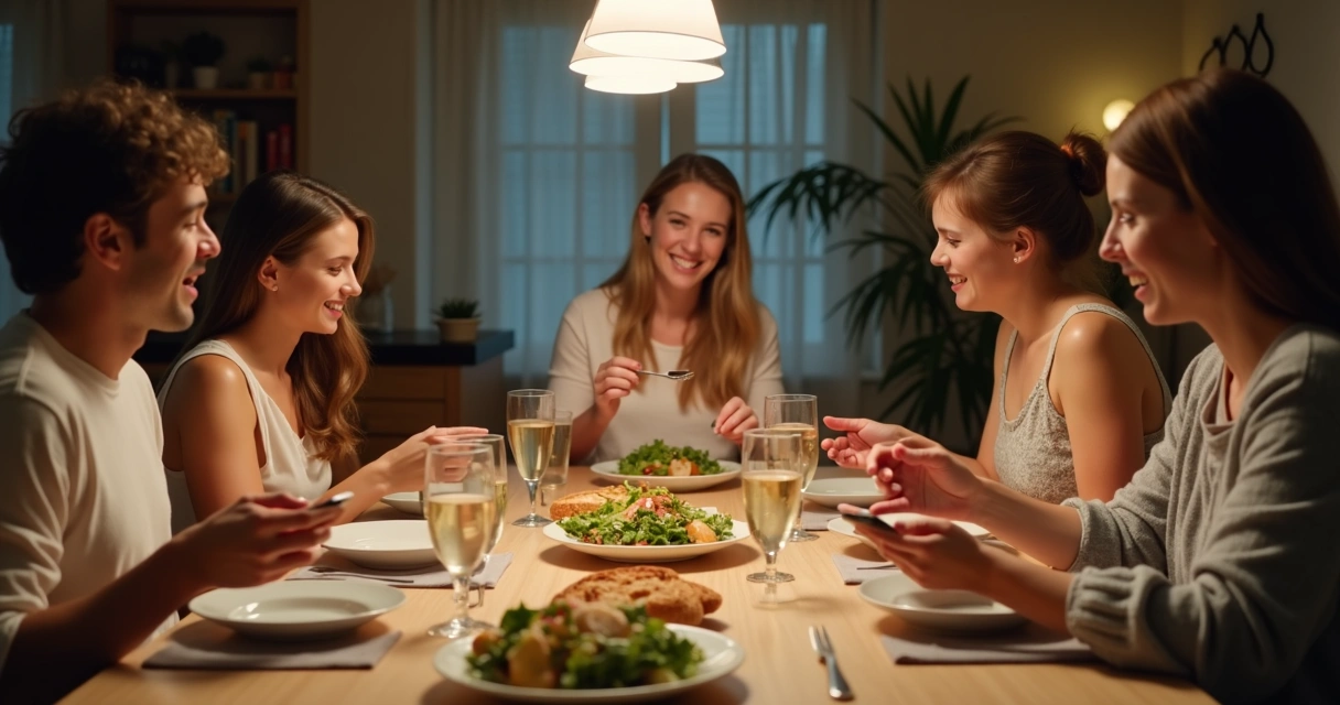 Mesa familiar con comida y sin teléfonos móviles