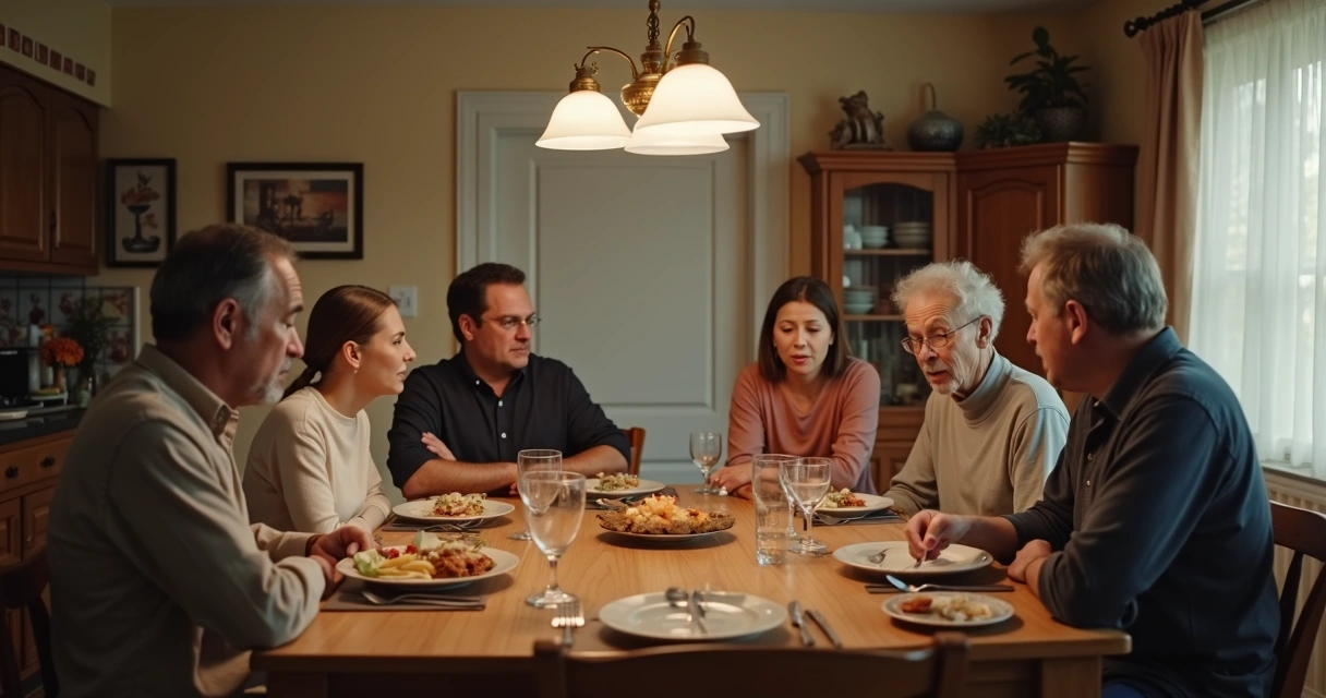 Familia en una mesa con distancia emocional