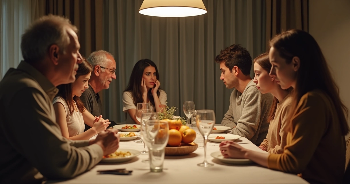Familia sentada en una mesa mirándose en silencio 