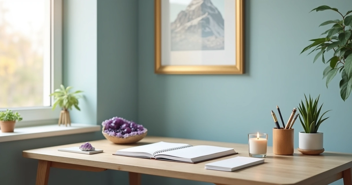 Mesa de estudo arrumada com luz natural, cristais, planta e livros