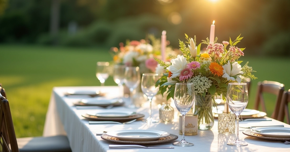 Mesa de festa montada ao ar livre com decoração sofisticada, flores e luz natural 