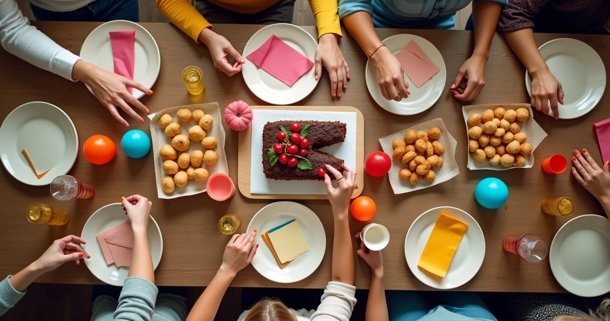 Mesa de festa caseira com decoração simples e alguns alimentos 