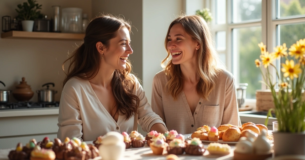Amigas rindo ao redor de uma mesa com doces de Páscoa 