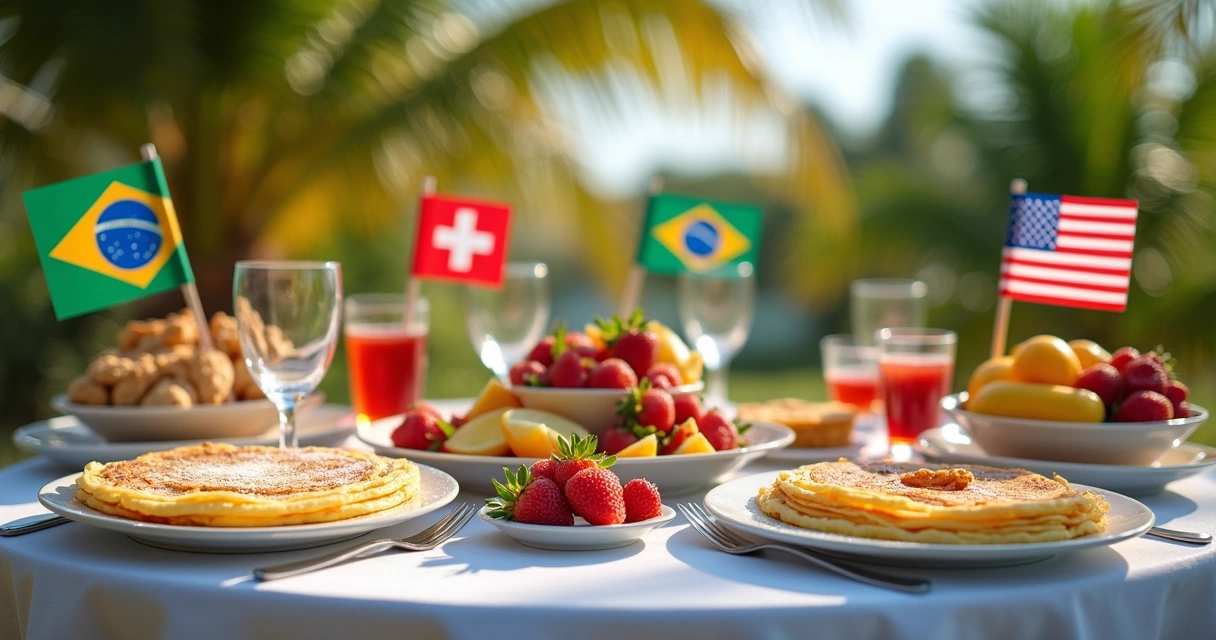 Mesa de festa com crepes franceses e suíços decorados, bandeiras do Brasil e EUA. 