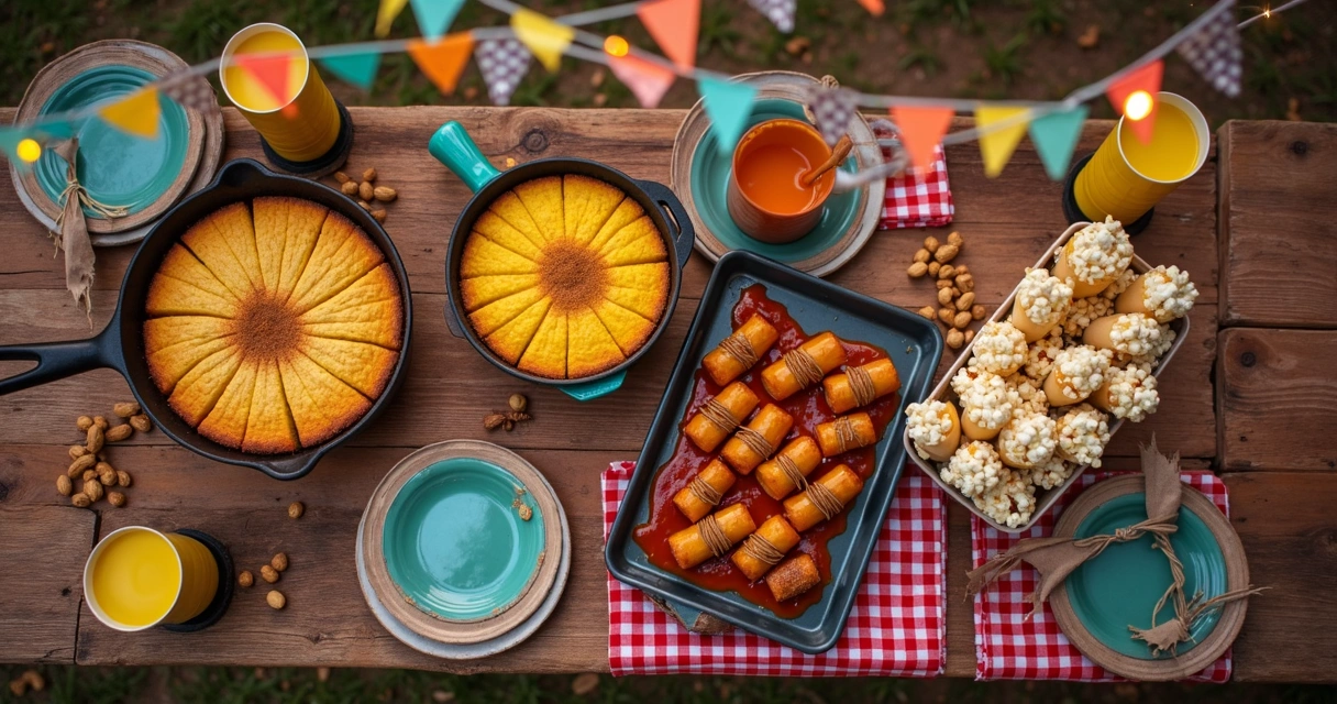 Mesa rústica com comidas típicas de festa junina em clima de arraial econômico 