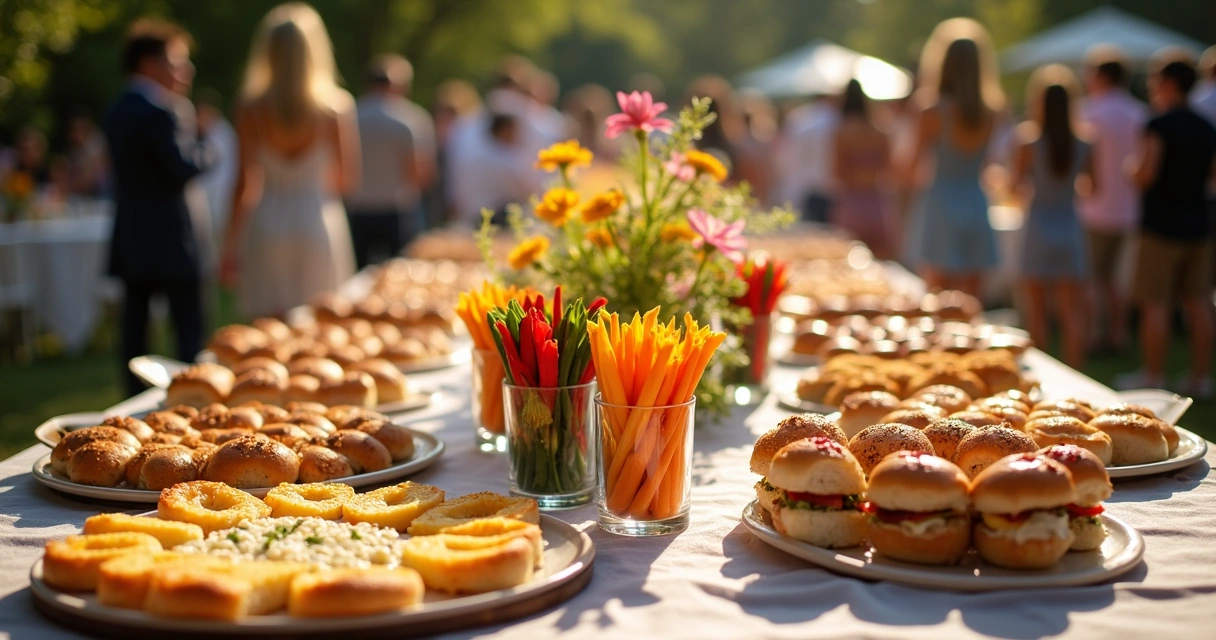 Mesa decorada com finger foods variados 