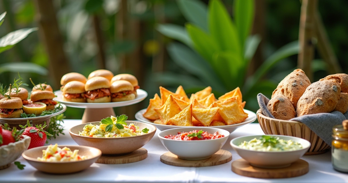 Mesa decorada com variadas opções de finger food, incluindo crepes, mini lanches e potinhos de salada 