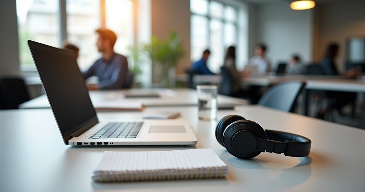 Mesa de trabalho organizada em escritório aberto com fones de ouvido 