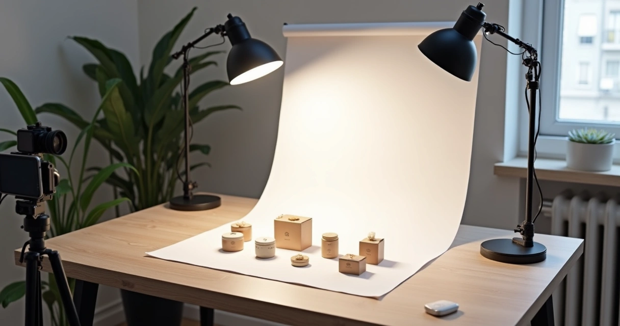 Mesa com produtos para fotografia com luz suave e folha branca ao fundo 