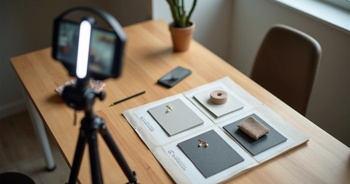 Mesa com celular, luz e produtos sendo fotografados para catálogo 