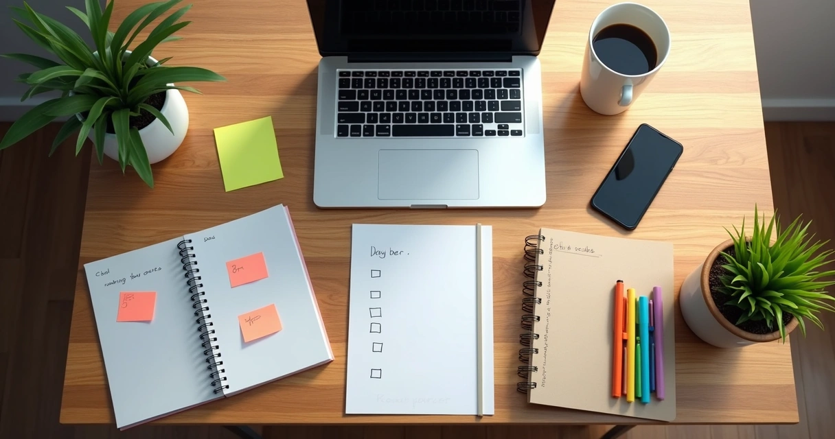 Área de trabalho organizada de freelancer com agenda, laptop e café